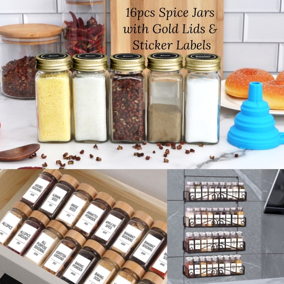 16pcs 4oz Spice Jars with 160 Preprinted Labels & Funnel Empty Glass Bottles - Picture 2 of 8